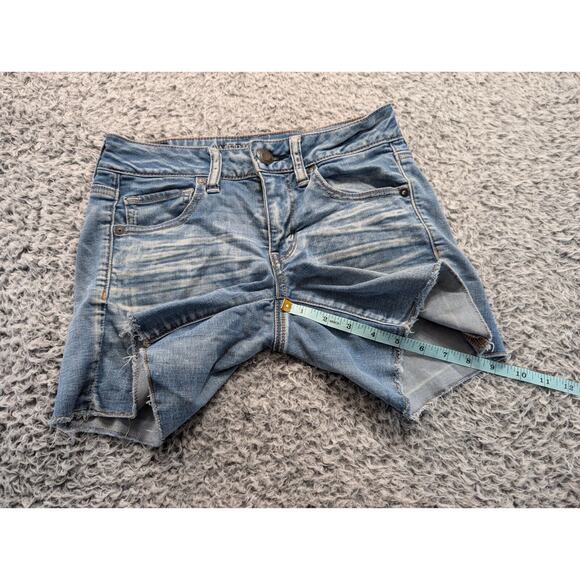 American Eagle Shorts Women 2 Blue MIDI Stretch Cut Off Distressed Bikercore - Picture 6 of 8
